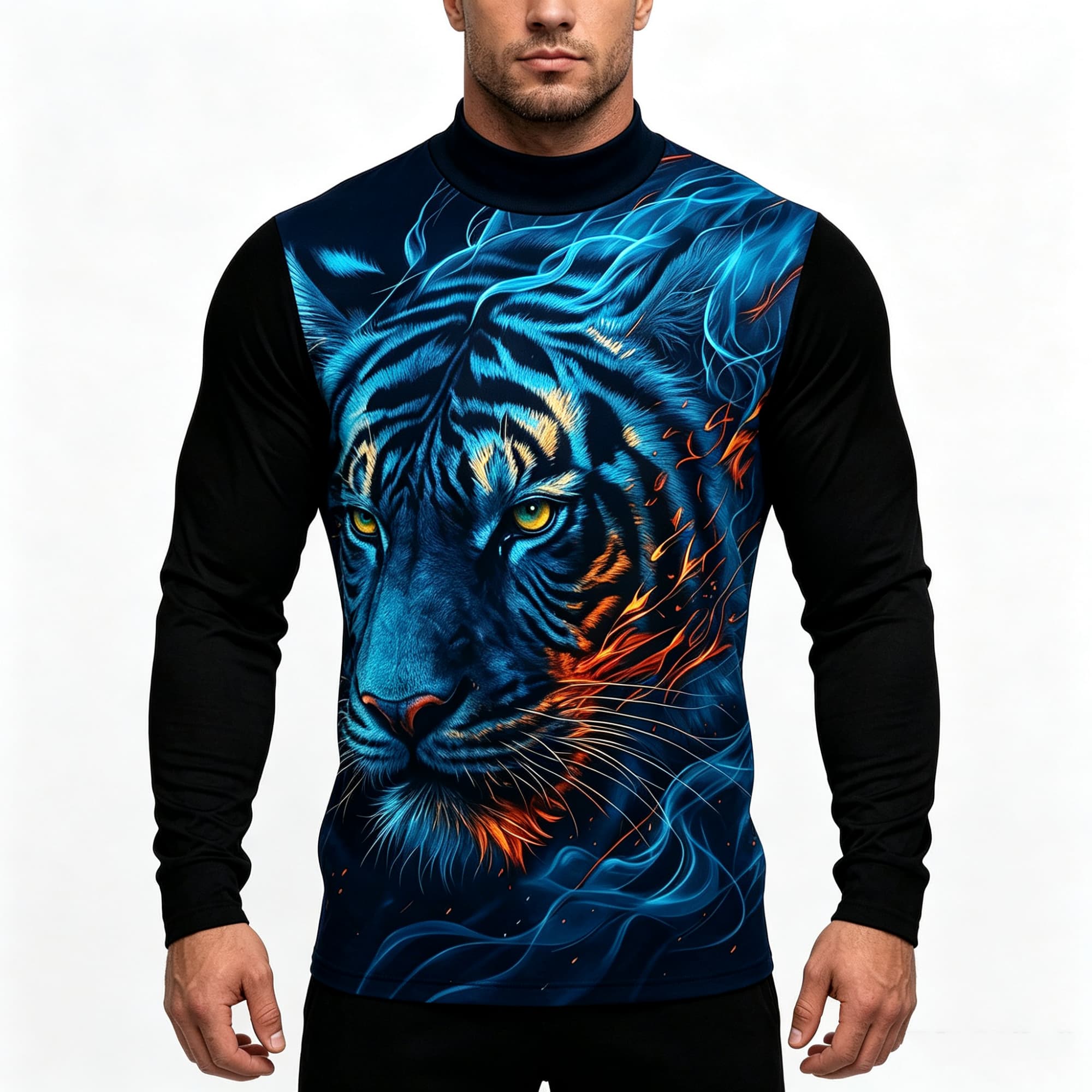 Tee Graphic Print - Neonblaues Flammen-Tiger-Tiermotiv 3D-Druck Herren-T-Shirt mit Stehkragen,