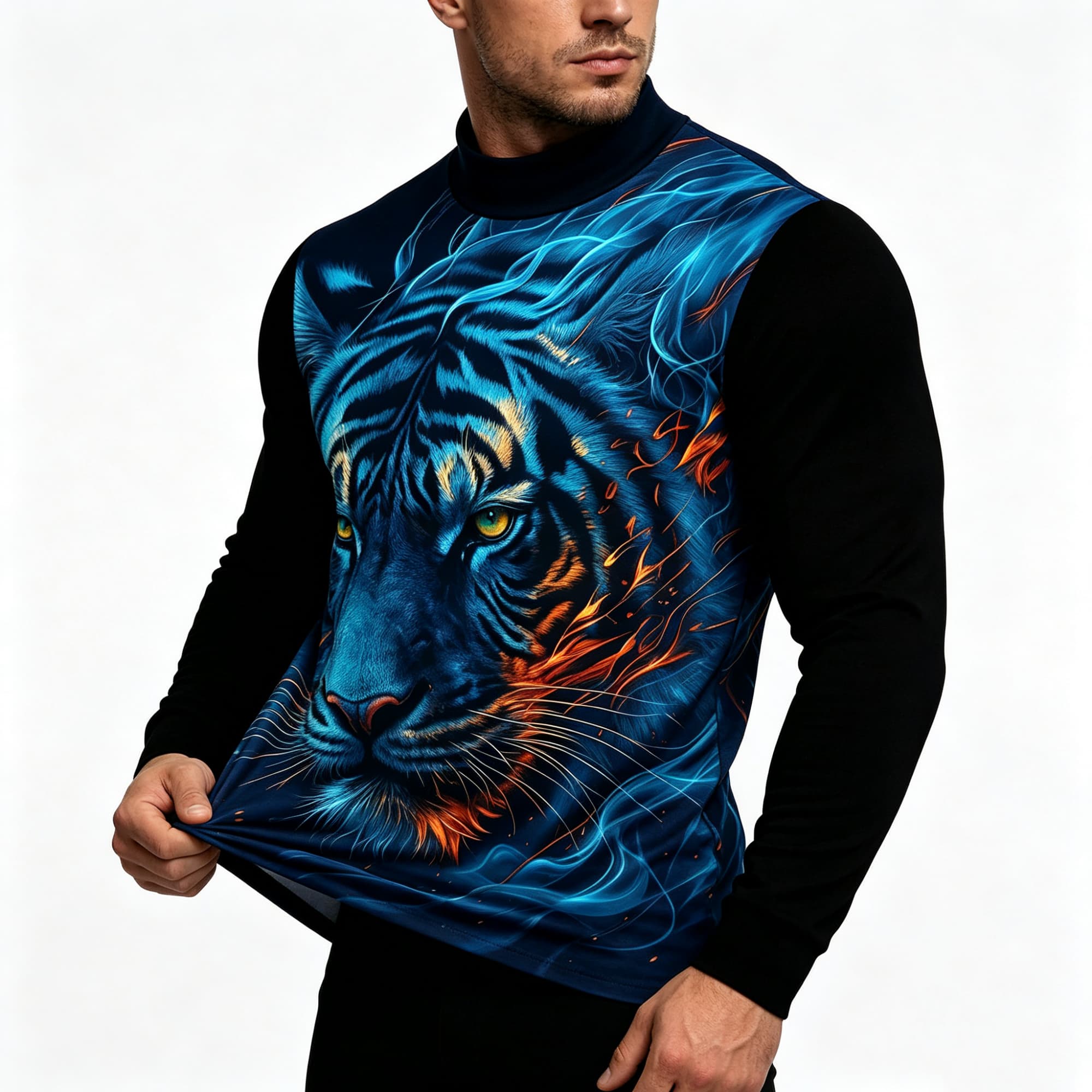 Neonblaues Flammen-Tiger-Tierm – Tee Graphic Print Bewertung und Preis
